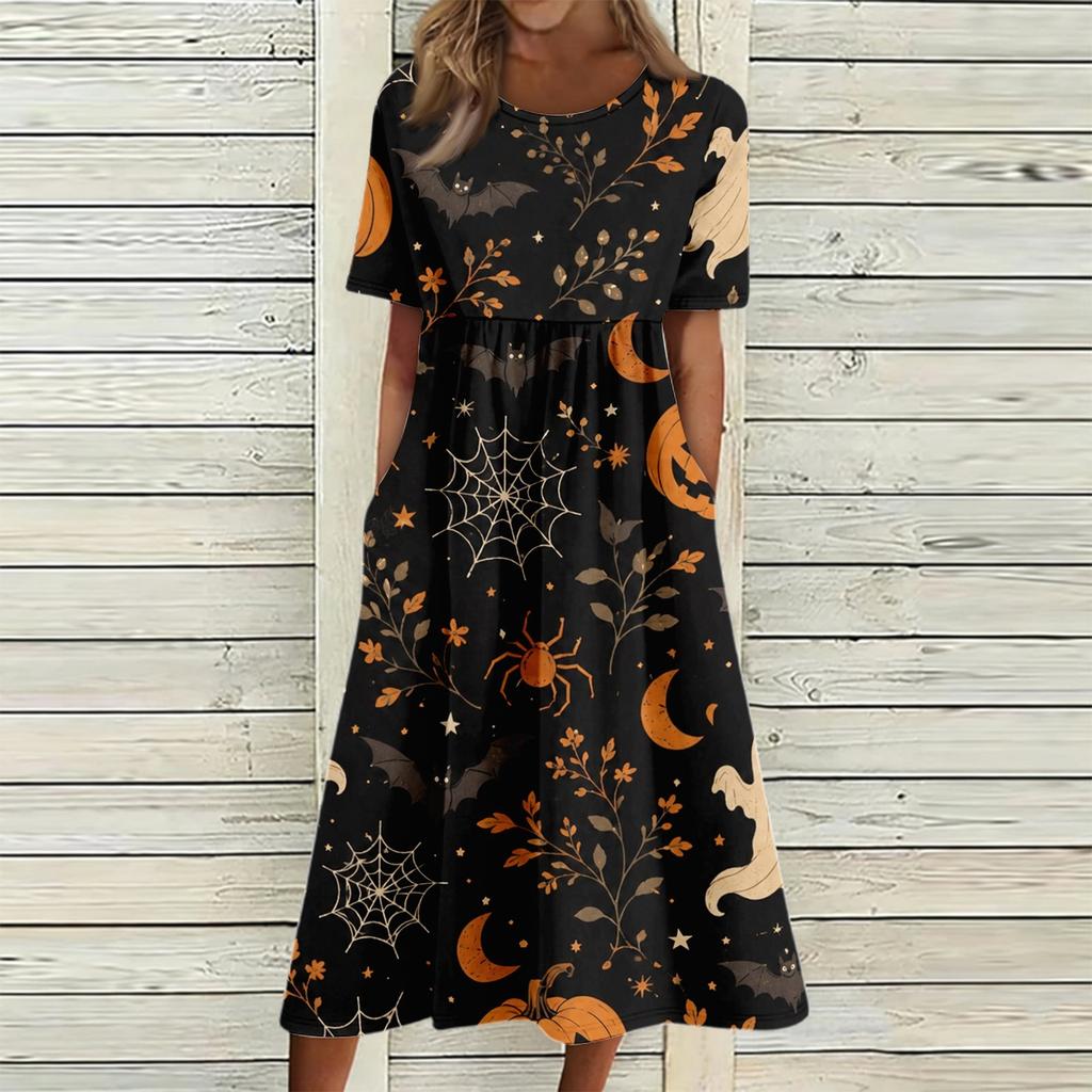 Women Casual Halloween Print Dress Short Sleeve Round Neck Pocket Midi Dress Loose Fit Comfortable Everyday Wear