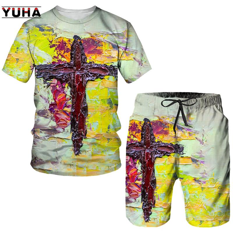 Summer Men's 3D Lion Cross Printed Men's T-shirt/Shorts/Suit Short Sleeve Jesus Love Everone Christian Street Wear 2 Pcs