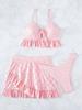 European and American Women's Fashion Solid Bikini Set 3 Pieces Swimwear Set Padded Ruffled Knot Top Briefs Ruffled Skirt Swimsuit Modest Bathing Suit
