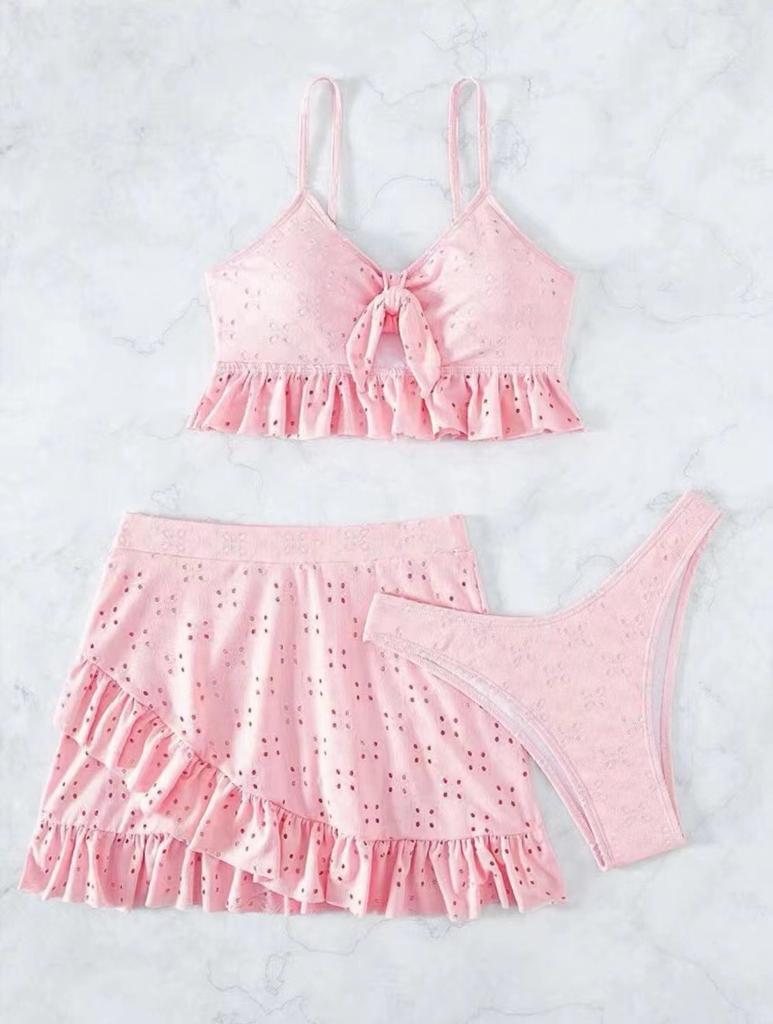 European and American Women's Fashion Solid Bikini Set 3 Pieces Swimwear Set Padded Ruffled Knot Top Briefs Ruffled Skirt Swimsuit Modest Bathing Suit