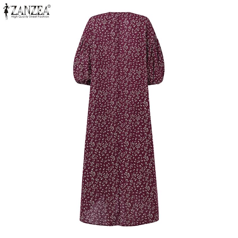 ZANZEA Women Floral Print Casual V-Neck 3/4 Sleeve Loose Long Dress
