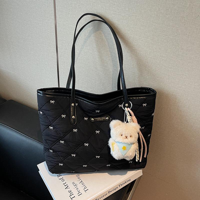 

Bow cotton clothes bag large capacity women s small fresh shoulder bag portable embroidery commuter tote bag new чёрный