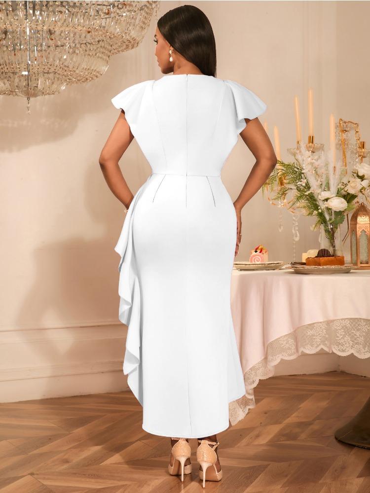 Dames Luxe Gast Bruiloft Feestjurken Elegant V-Hals Korte Ruches Mouwen Irreguliere Split Bodycon Slank Classy Mode Avondjurken