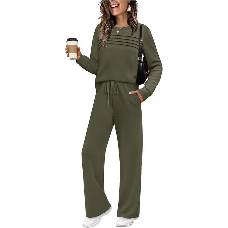 2025 Women's Set: Long Sleeve, Elastic Waist, Wide Leg Pants - Autumn/Winter Casual Wear
