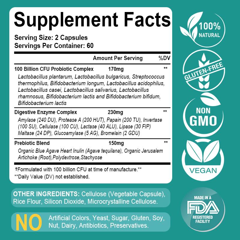 Bcuelov Probiotic Capsules with Digestive Enzymes Relieve Bloating Enhance Nutrient Absorption 120 Capsules