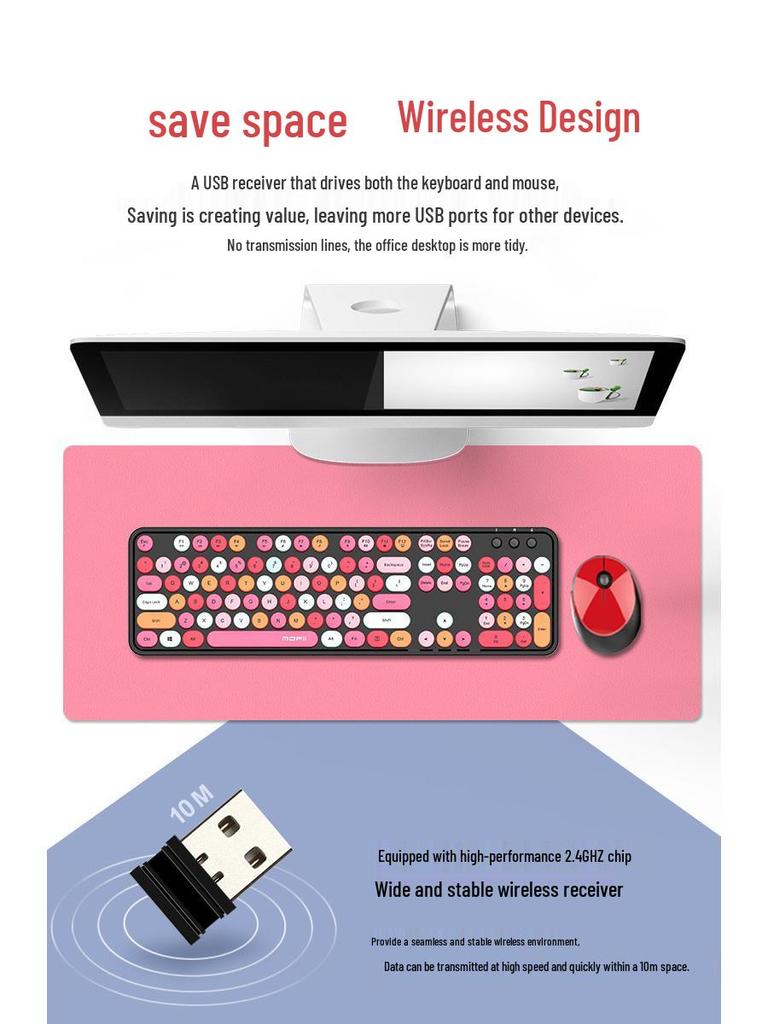 Skyreach Cute Punk Colorful Lipstick Wireless Keyboard & Mouse Set for Girls’ Office