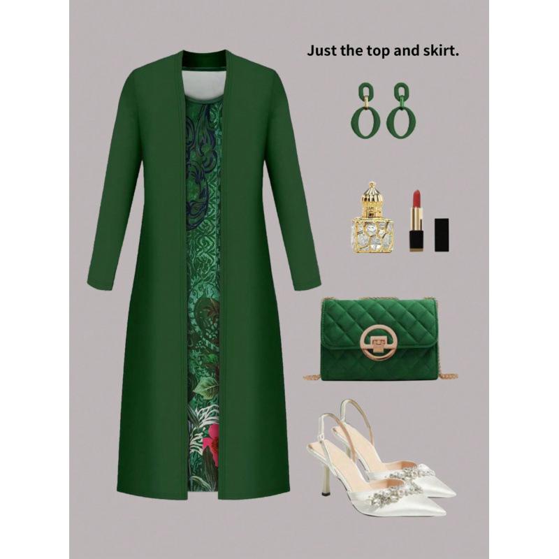 Large Size Women's Elegant Suit Solid Color Long-sleeved Cardigan Jacket Hip-wrapped Sleeveless Retro Dress Hot-selling Two-piece Set