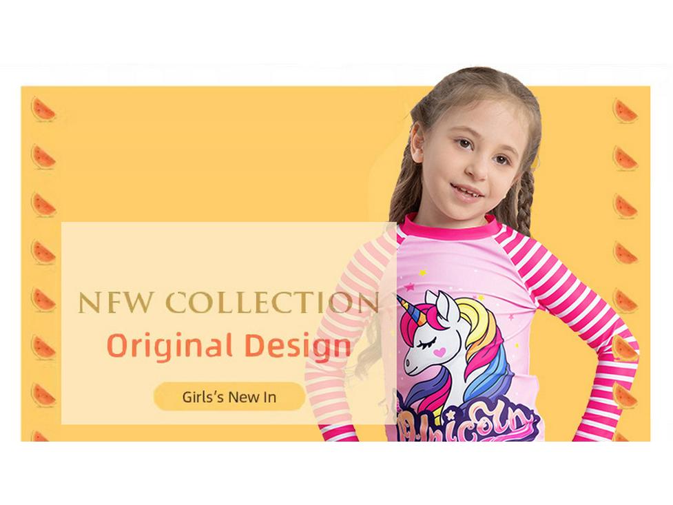 Girls' Long Sleeve Unicorn Striped Swimsuit Set (2025)