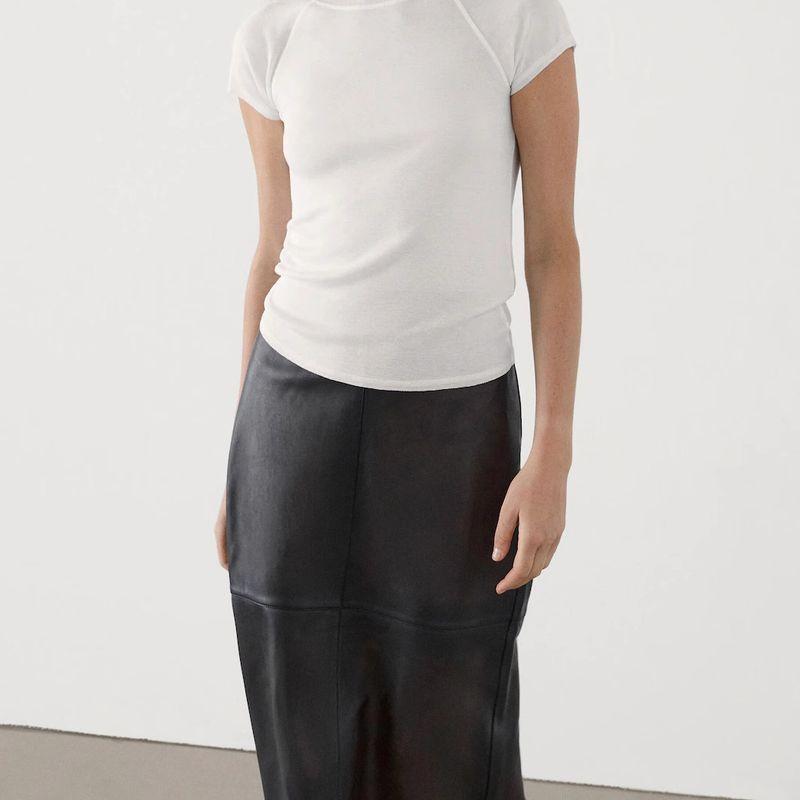 Spring New Fancy Black Stitching Poly Urethane Leather Back Slit Mid-Length Half-Length Straight Skirt 5306836