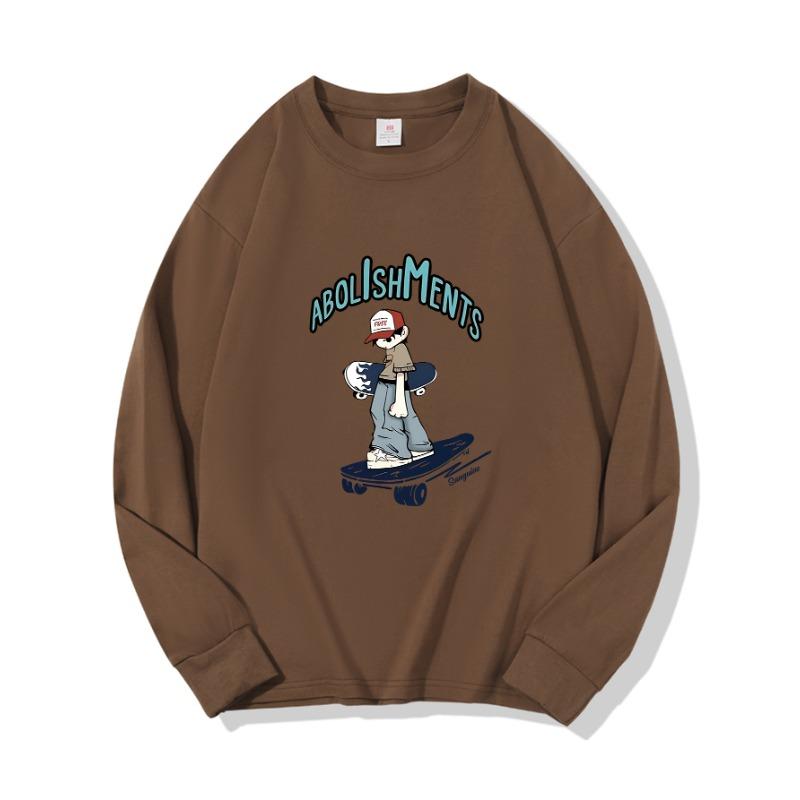 Маленькая персона скейтбордная осенняя одежда с длинными рукавами из чистого хлопка новый мужской и женский топ весенний внутренний слой базовая рубашка круглый вырез M коричневый 1555₽