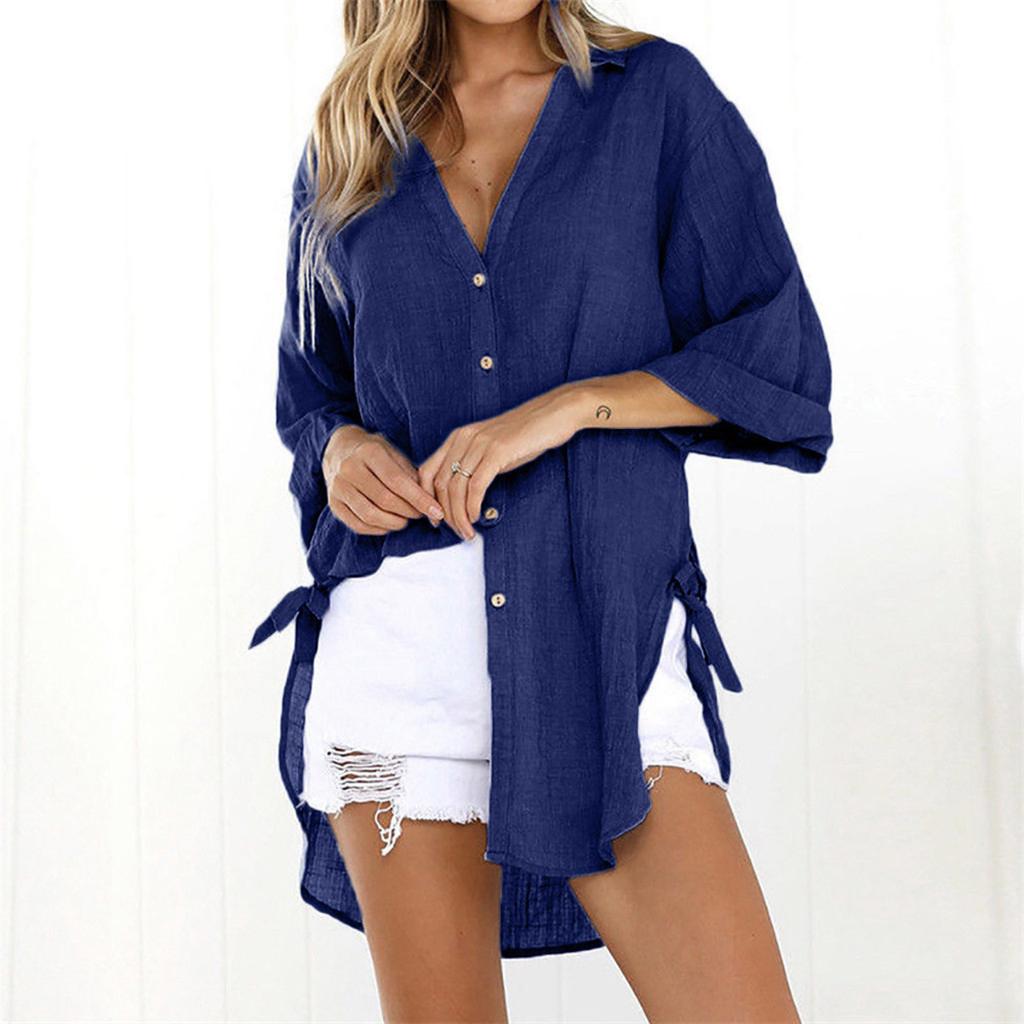 Camicia casual da donna con risvolto con bottoni e lacci Camicia a maniche lunghe annodata sul lato largo
