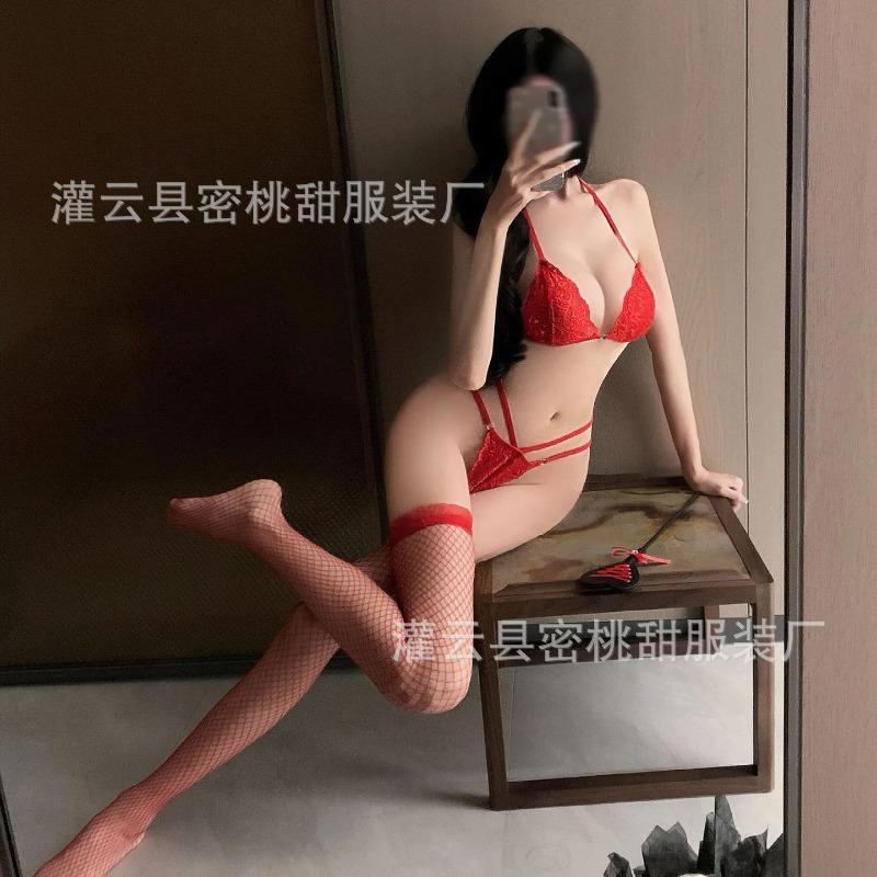 Sexy underwear wind strap bra panties sexy red three-point lace perspective suit