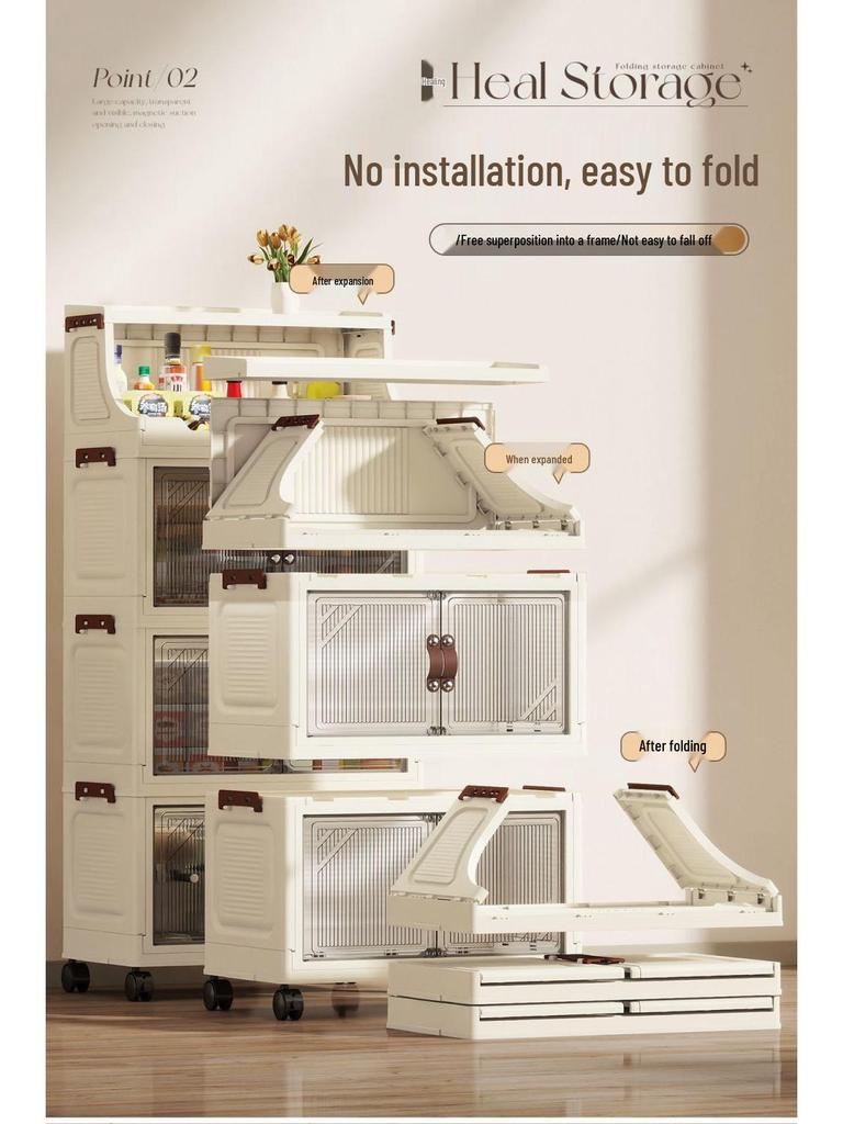 Multi-Layer Folding Bookcase with Wheels - Double Door, Moisture-Proof, Large Capacity, No Assembly Required.