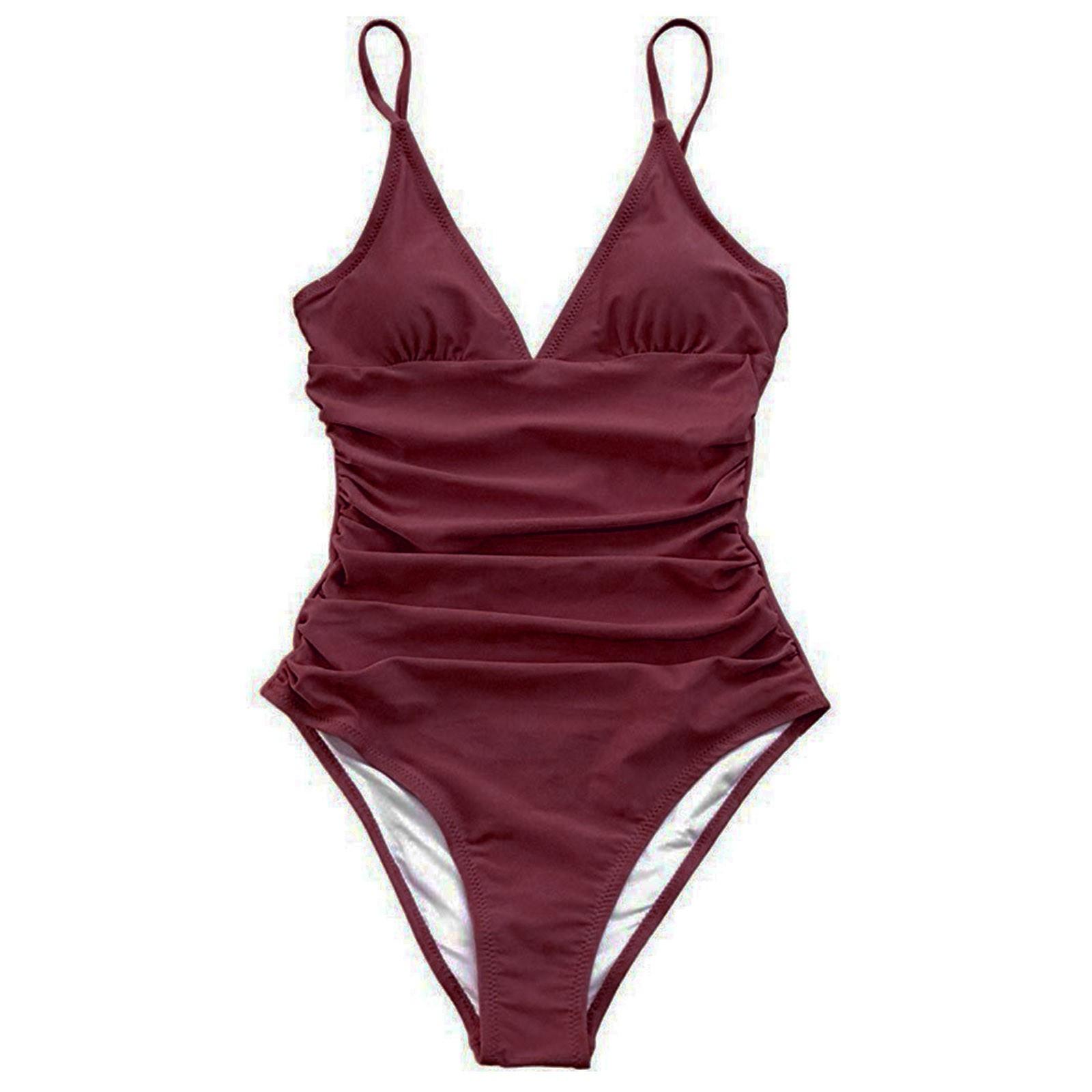 

Women s V Neck One Piece Swimsuit with Adjustable Tie Straps Ruched Sides Solid Color Slim Fit Beachwear Swimwear M винний