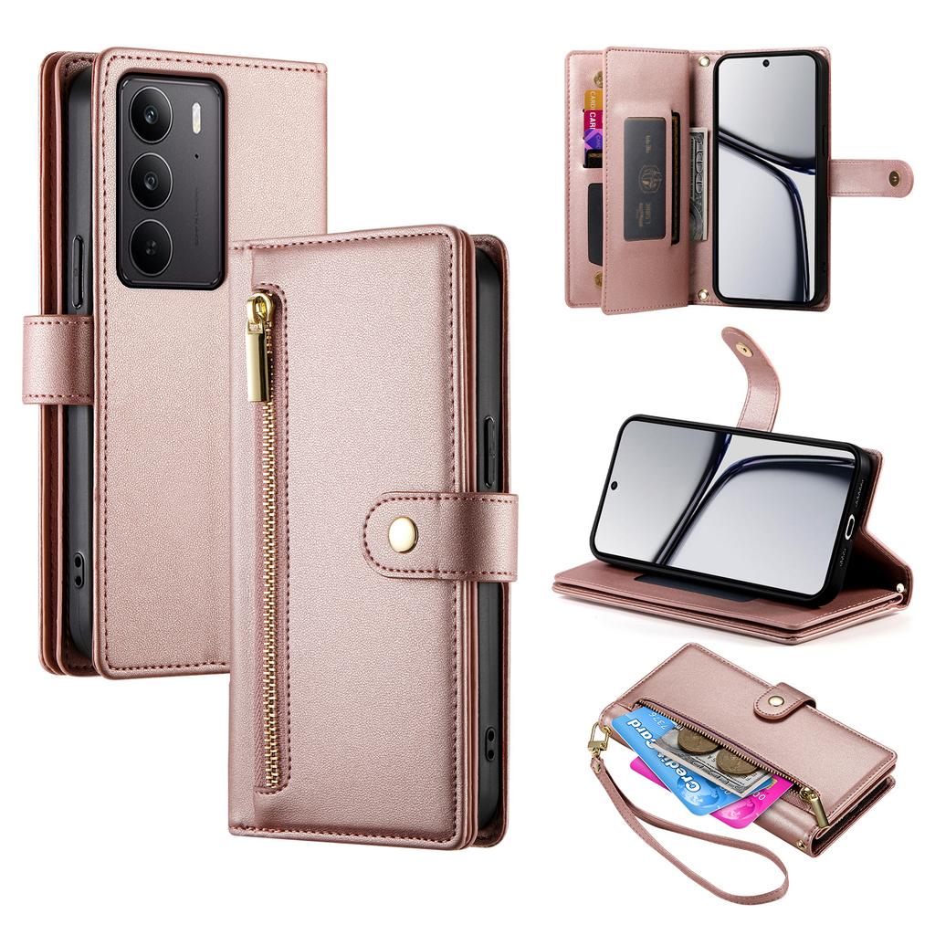 DF-011 For Realme V60 Pro 5G/C75 4G Case Zipper Pocket Wallet Leather Phone Cover with Straps