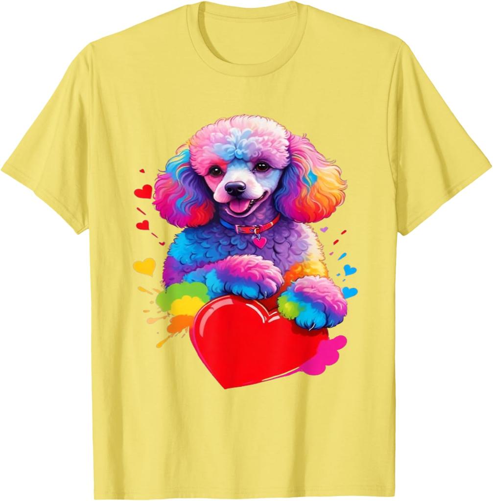 Colorful Rainbow Poodle Heart Graphic Tee Men Casual Short Sleeve Cotton Print T-Shirt