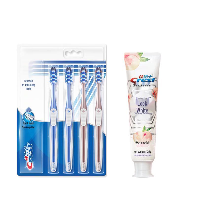 Crest Complete 7-Effect Toothbrush 4-Pack & White Peach Toothpaste Bundle