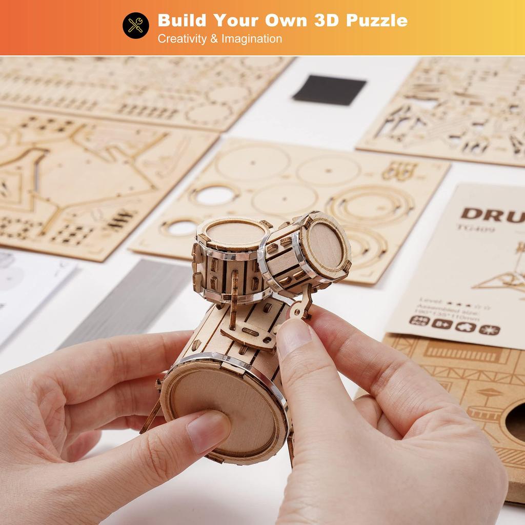 Robotime 3D Puzzle Wooden Puzzle Craft Gift Toy Educational Toy for Boys Girls Adults Preschool Gift New Year Birthday Christmas Present Gift Drum Set