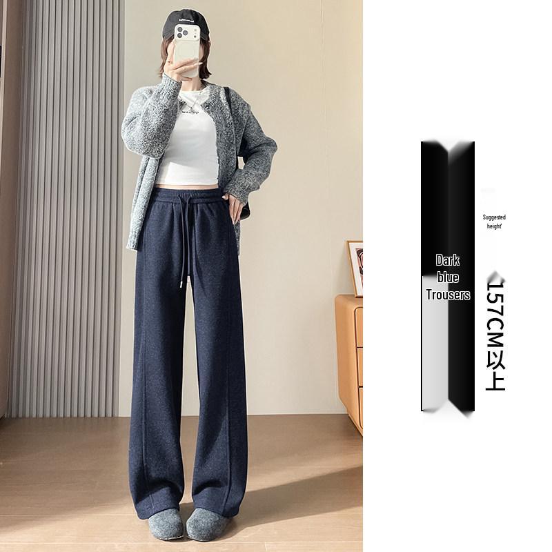 Women's High-Waisted Woolen Wide-Leg Pants - Plus Velvet Thickened, Loose, Casual, Autumn/Winter, Slimming, Straight-Leg Sweatpants