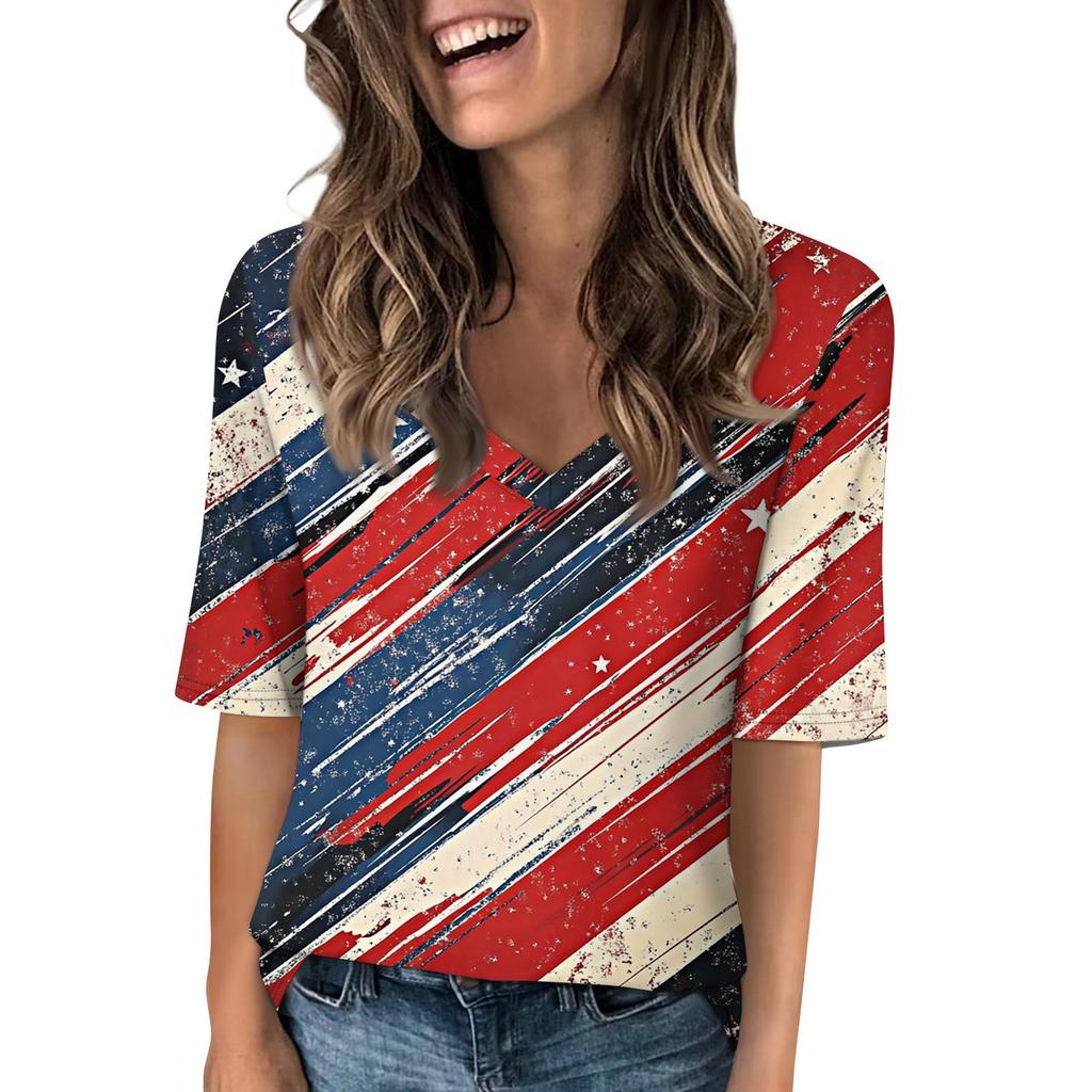 Women's V Neck T Shirts Half Sleeve Tops Printed Casual Summer Tees T Shirt Blouse