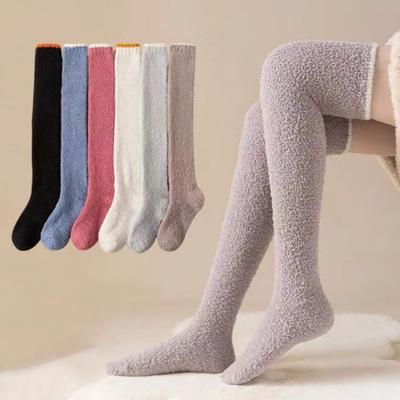 1 Pair Women Winter Socks Thickened Coral Fleece Knee Length Long-tube High Elasticity Wrapping Anti-slip Floor Socks Comfort Warmth Stockings