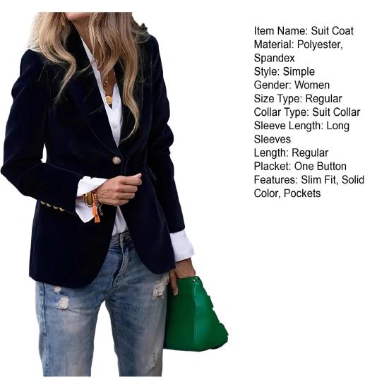 Sametové sako s dlouhým rukávem, klopami, s jedním knoflíkem, kancelářský svrchní oděv, všestranný styling