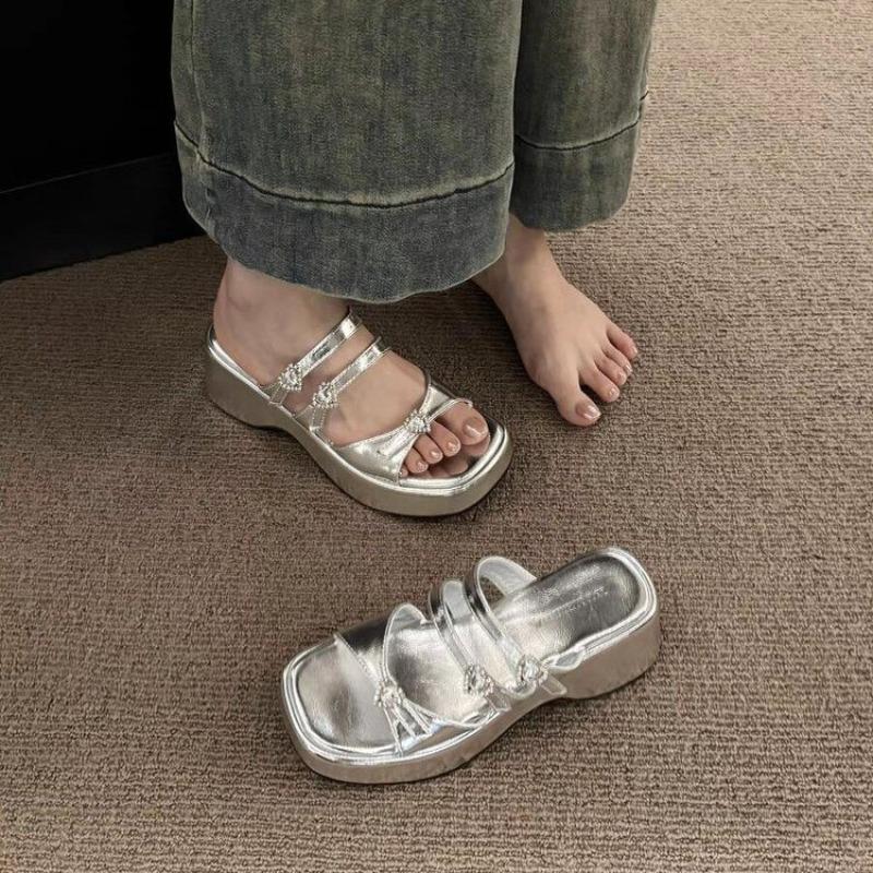 Silver Platform High Heeled Slipper Fashion Bow Party Open Toe Casual Sandals Summer Comfortable Non-Slip Beach Mule Shoe Female