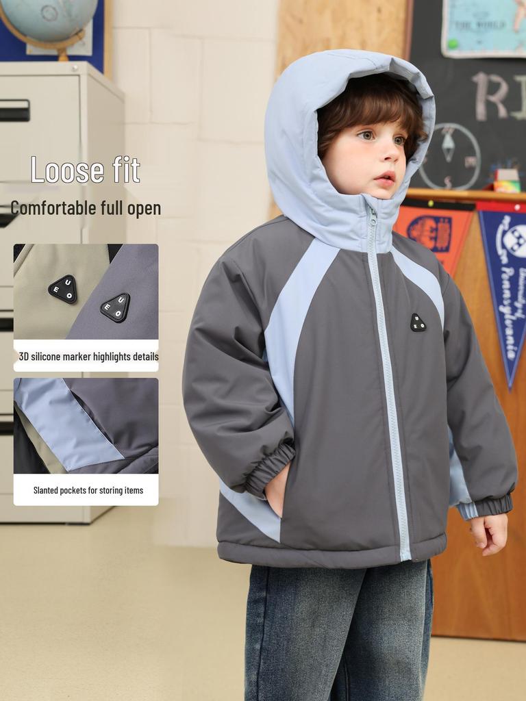 2025 New Boys' Color Block Waterproof Hooded Cotton Jacket with Fleece