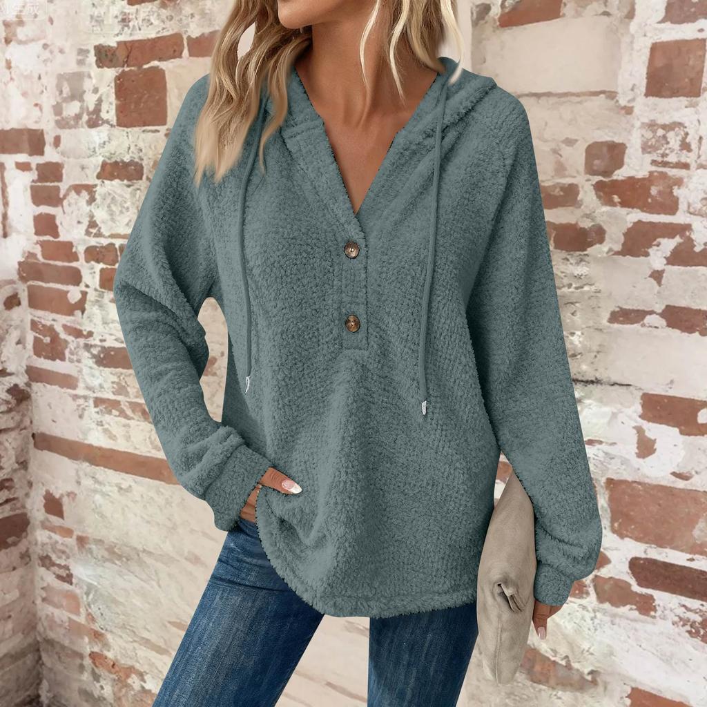 Women's Fashion Long-Sleeved Drawstring Button-Up V-Neck Casual Fleece-Lined Solid-Colour Hooded Sweatshirt Top