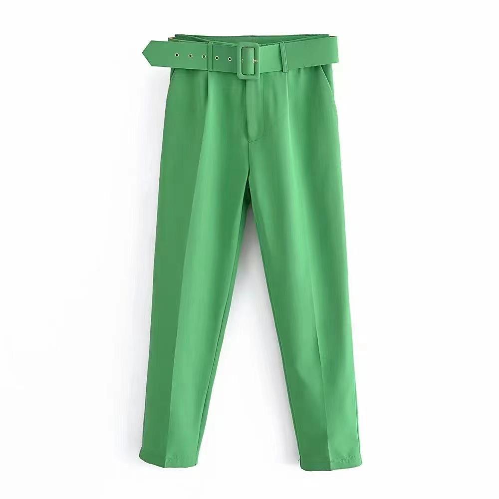 New Women's Casual Pants, Slim Fit Straight Leg Stretch Trousers with Belted Waist, Solid Color Office Wear Cropped Pants