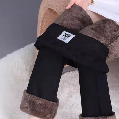 Calças femininas de inverno com forro de lã, pernas retas, grossas, calças retas femininas, largas, quentes, de lã de cordeiro, calças casuais de cintura alta
