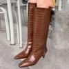 2026 New Winter Design Stone Grain Knee High Boots Woman Punk Low Heels Long Booties Shoes