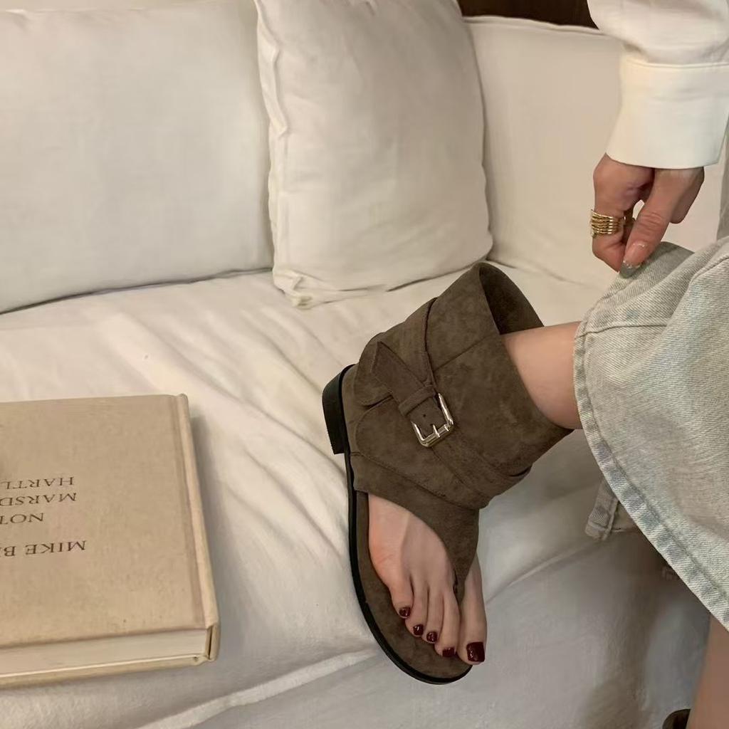 Pinch feet open-toed thick-heeled belt buckle sleeve 2025 new cool boots women's summer fashion daily versatile flat-bottomed short boots