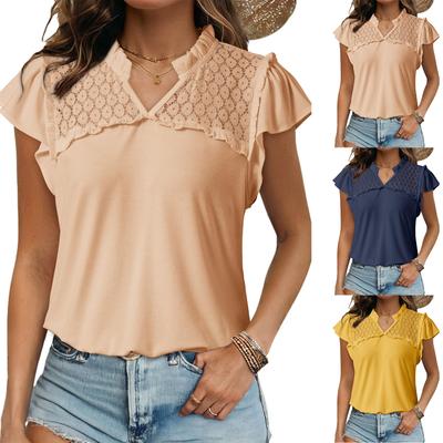 Damen Casual V-Ausschnitt Plissiertes Patchwork Kurzarm-Oberteil mit Spitzenbesatz und Hohl-Rüschen