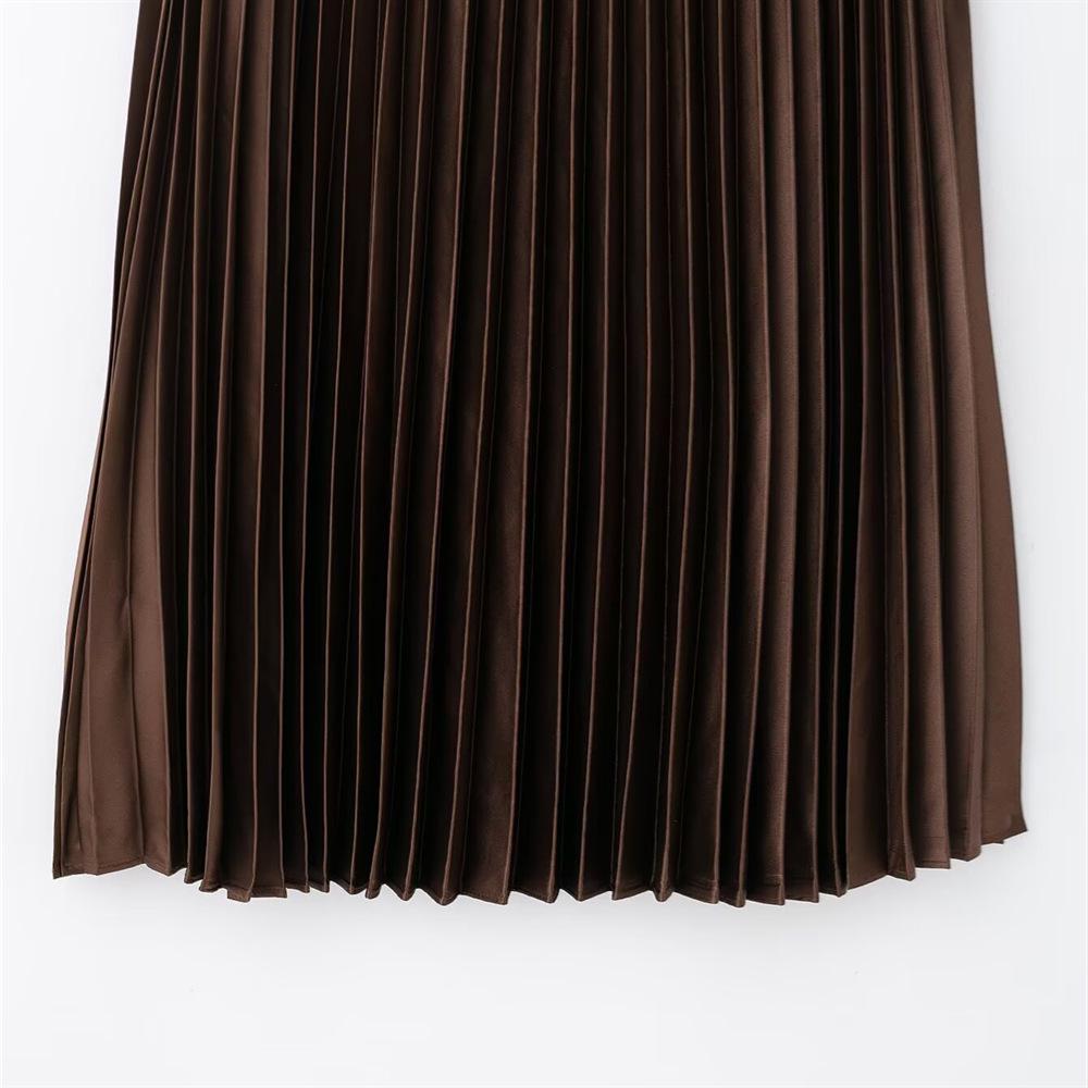 Spring 2025 Women's Slimming High-Waisted Silk Satin Pleated Midi Skirt
