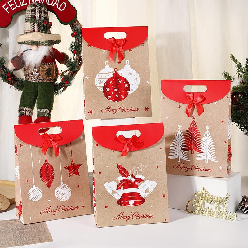 WTEMPO 4PCS 23*11*32CM Christmas Flip Cover Adhesive Buckle Bow Gift Bags Christmas Eve Creative Printed Packaging Bags DIY Festival Gift Paper Bags