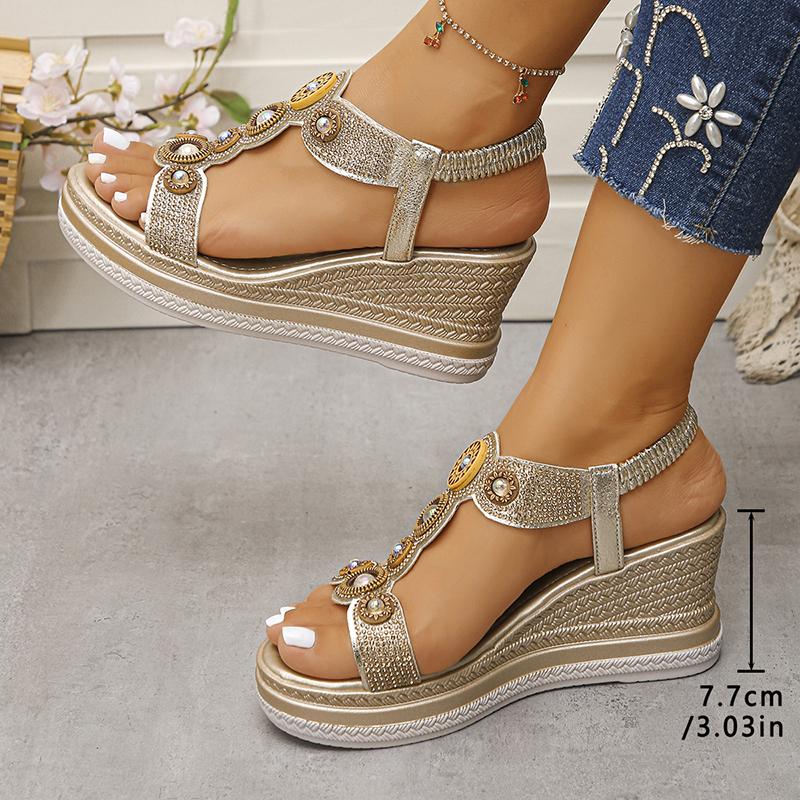 Fashion Crystal Pearl Decor Women's Wedges Sandals Bohemian Style Beaded Platform Sandals for Woman Summer 2025 Thick Bottom Beach Shoes