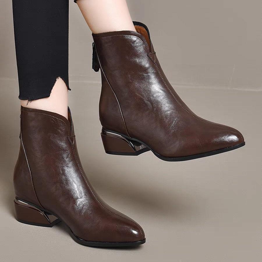 Fashion Elegant with Medium Heels Leather Woman Short Shoes Pointed Toe Ankle Boots for Women Autumn Winter Fleece-Lined Booties Sale