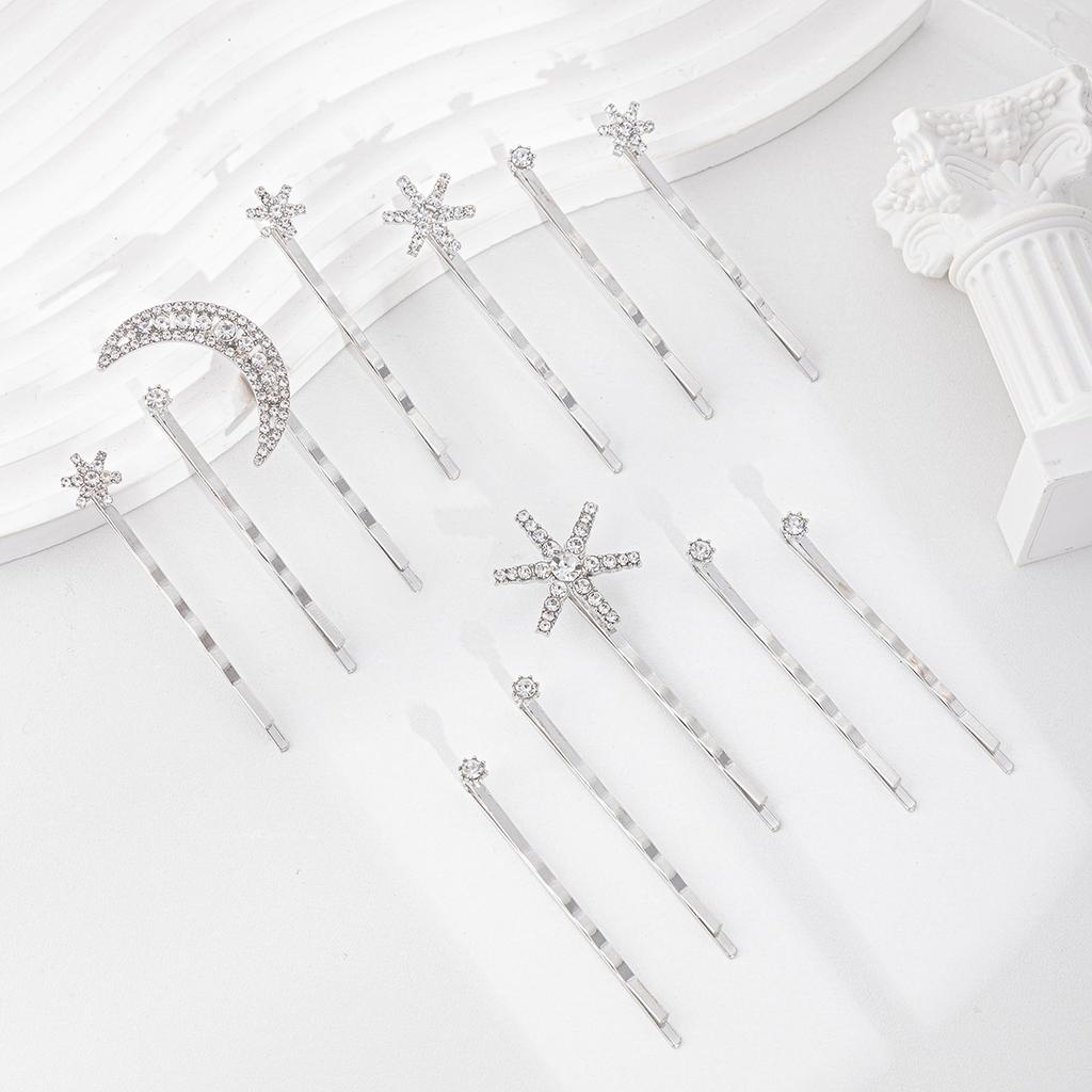 Alloy electroplating one-word clip European and American jewelry, moon headgear, snowflake stacked hairpin set for women