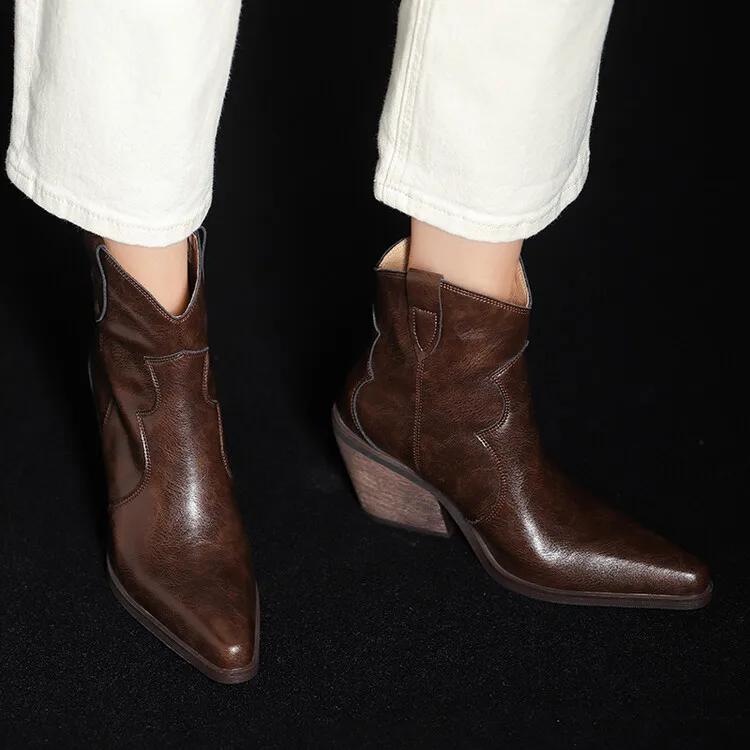 Fashion NEW Autumn Women Boots Split Leather Shoes for Women Pointed Toe Chunky Heel Shoes Slip-on Ankle Boots Retro Black Western Boots