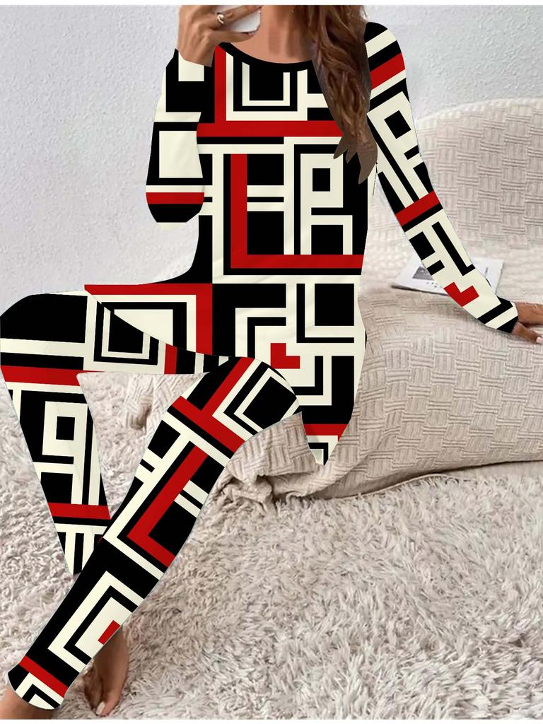 Euroamerikanische Mode 3D Geometrie Gedrucktes Damen Vier-Jahreszeiten Langarm T-Shirt + Lange Hose Zweiteiliges Set. Perfektes Geschenk für Neujahr & Weihnachten