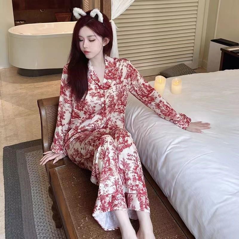 Women's Floral Silk Pajamas - Long-Sleeved, Thin & Stylish Korean Homewear for Spring/Autumn