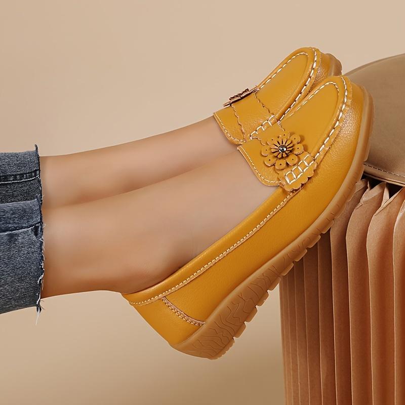 Women's Flower Decor Flat Loafers, Casual Solid Color Slip On Shoes, Lightweight & Comfortable Shoes