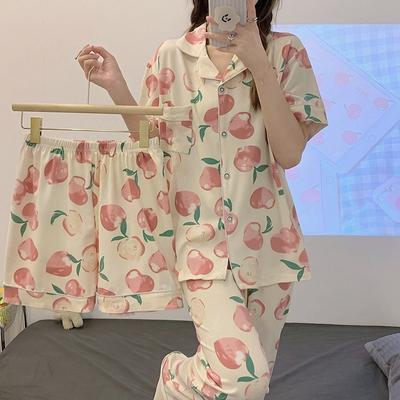 Summer Ladies Pajamas Three-Piece Set of Girls Cute Peach Students Short-Sleeved Long Pants Casual Pajamas Homewear
