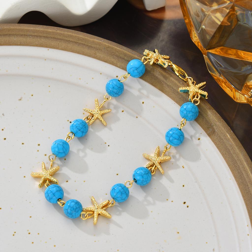 New Turquoise Starfish Bead Anklet For Women Fashion Bohemian Gold Color Anklet Set Female Summer Beach Foot Jewelry Accessories