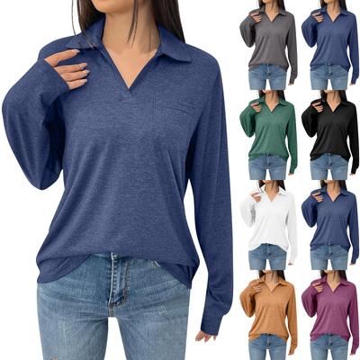 Women's Fashion Solid Color Lapel Long Sleeve With Pocket Loose T-Shirt Top