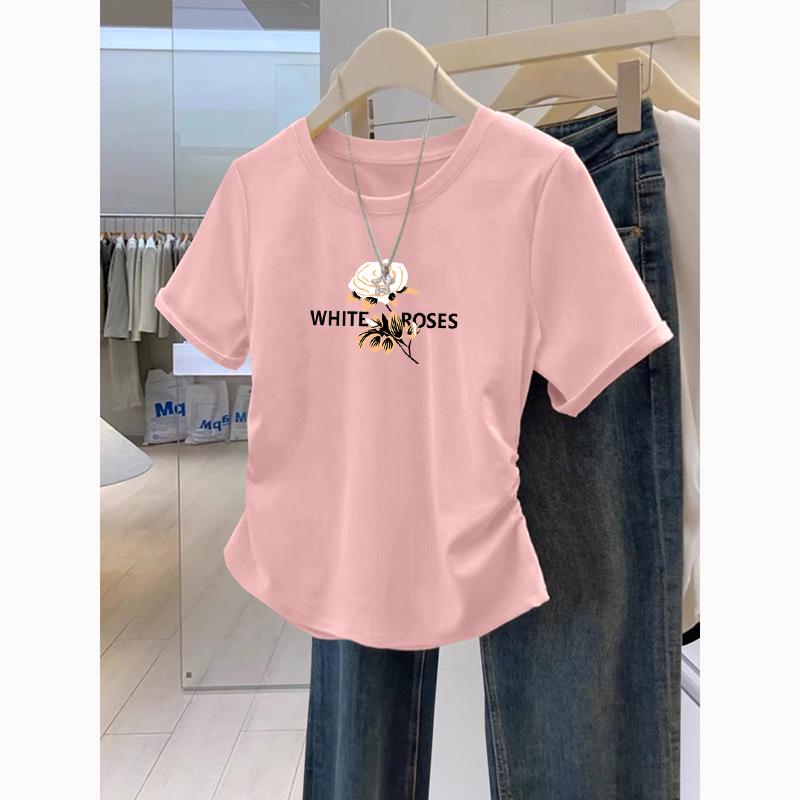 

Женская летняя футболка большого размера с круглым вырезом, для похудения - Короткий рукав, Модный свободный крой для полных XL (60-65 kg)