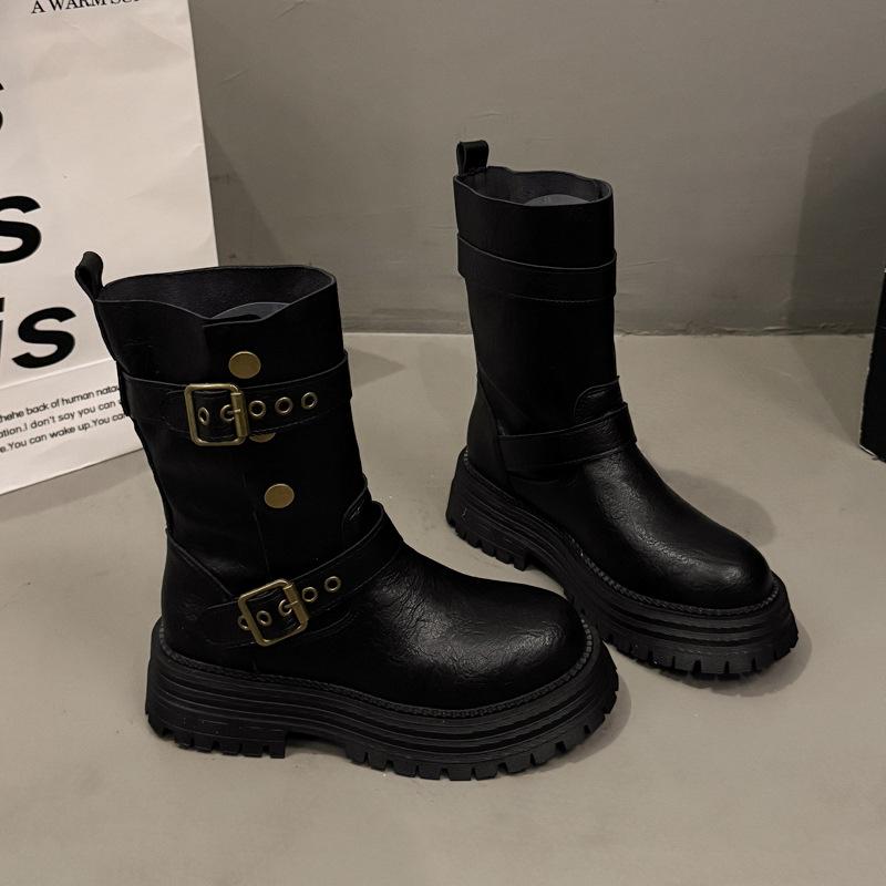 Women's Retro British-Style Martin Boots - 2025 Autumn/Winter Mid-Calf Thick-Soled Motorcycle Boots