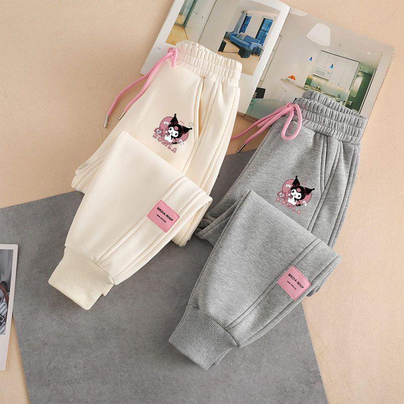 Kuromi Girls' Fleece-Lined Sweatpants - Cartoon Print, Warm & Thick, Cuffed for Spring/Autumn
