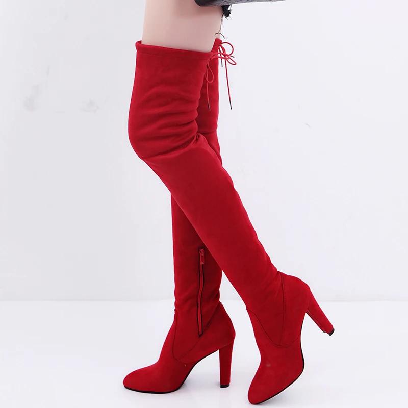 Fashion The Knee Women Boots Stretch Fabrics High Heel Slip On Shoes Pointed Toe Woman Long Boots Size Plus Size35-43